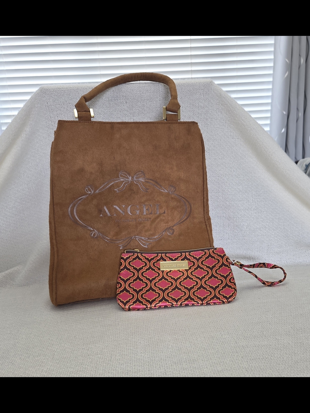 Y2k Victoria's Secret Brown Faux Suede Tote with Pink Patterned Wristlet